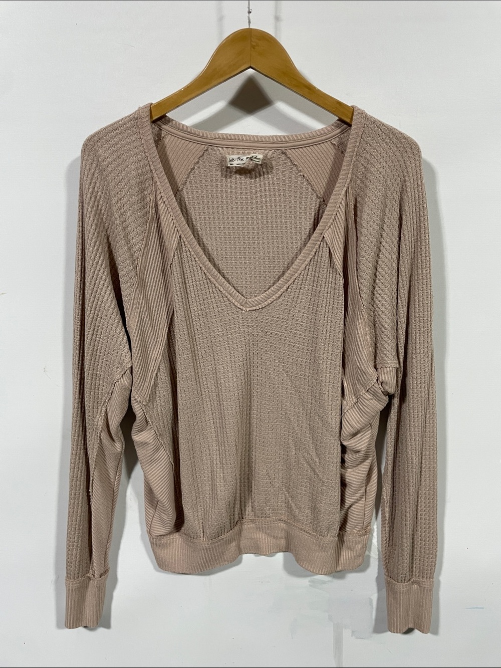 We The Free people Waffle V-Neck Long Sleeve Top - Beige